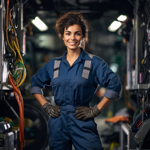 Skilled female bus mechanic repairing vehicle in workshop on blurred background