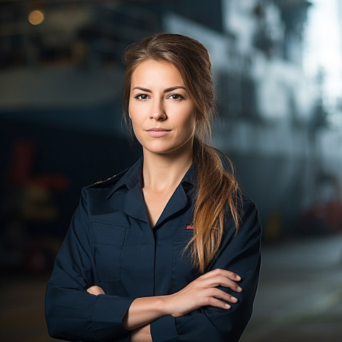 Empowered female ship captain diligently working against a blurred background