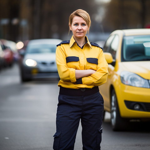 Smiling female cab driver focused on the road against a blurred background