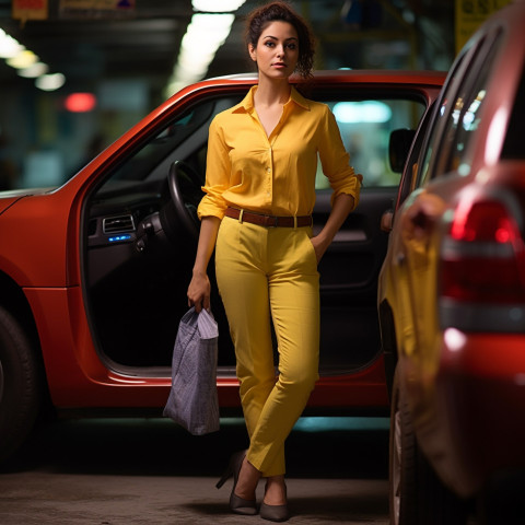 Smiling female cab driver focused on the road against a blurred background