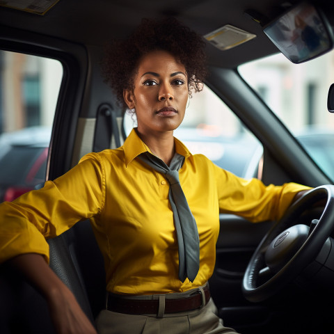 Smiling female cab driver focused on the road against a blurred background