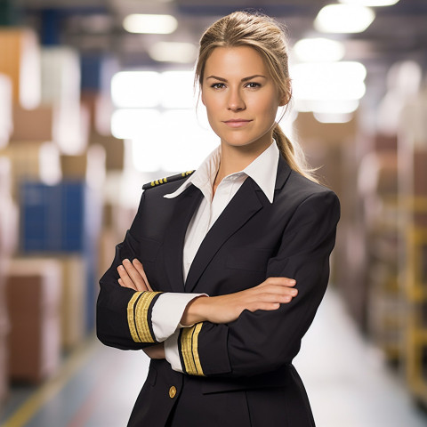 Empowered female ship captain diligently working against a blurred background