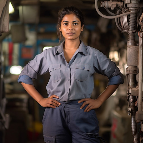 Skilled female mechanic repairs bus in workshop on blurred background