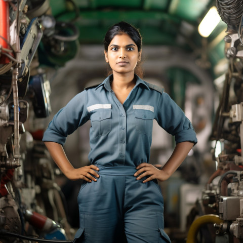 Skilled female mechanic repairs bus in workshop on blurred background