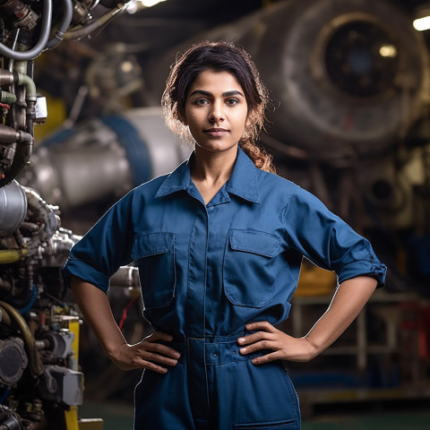 Skilled female airplane technician working with tools on blurred background