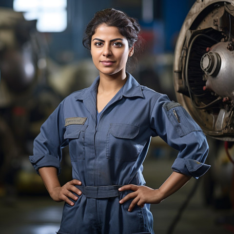 Skilled female airplane technician working with tools on blurred background