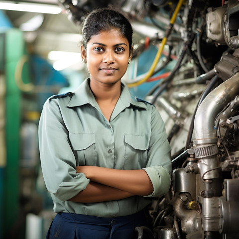 Skilled female mechanic repairs bus in workshop on blurred background