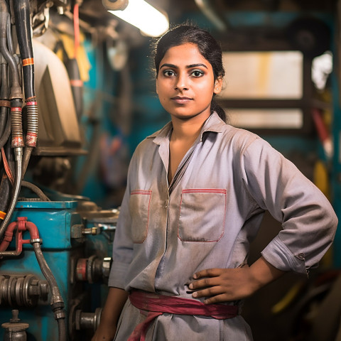 Skilled female mechanic repairs bus in workshop on blurred background