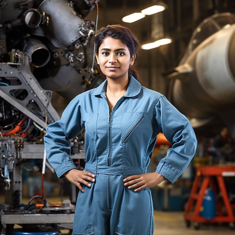 Skilled female airplane technician working with tools on blurred background