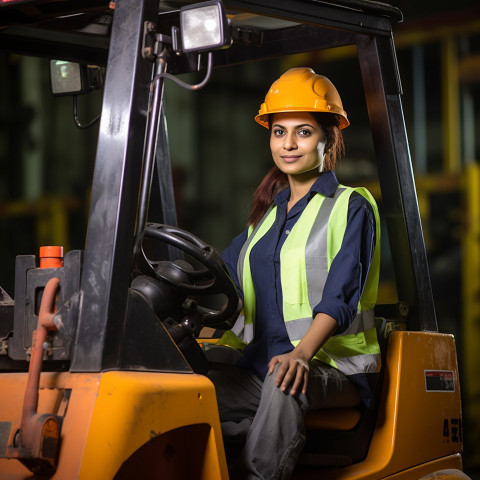 Skilled female forklift driver working in a warehouse on blurred background