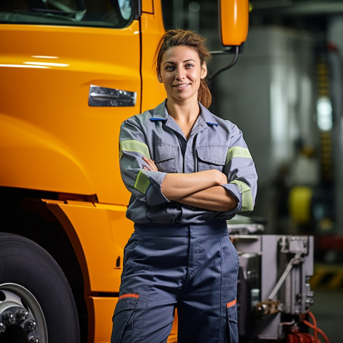 Skilled female truck mechanic expertly repairs vehicle against on blurred background