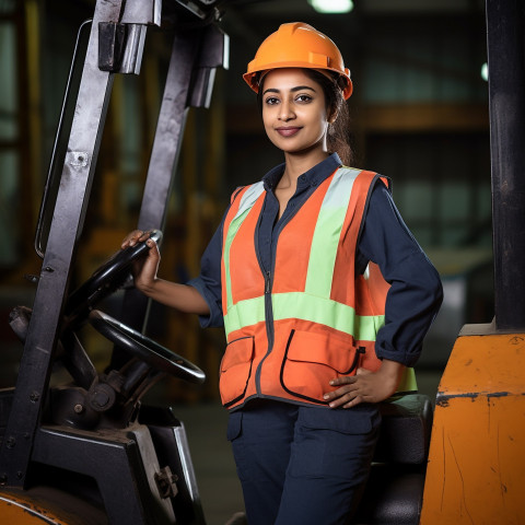 Skilled female forklift driver working in a warehouse on blurred background