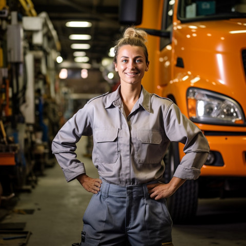 Skilled female truck mechanic expertly repairs vehicle against on blurred background