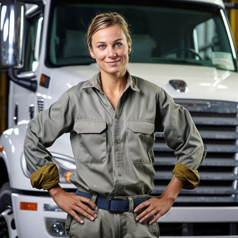 Skilled female truck mechanic expertly repairs vehicle against on blurred background