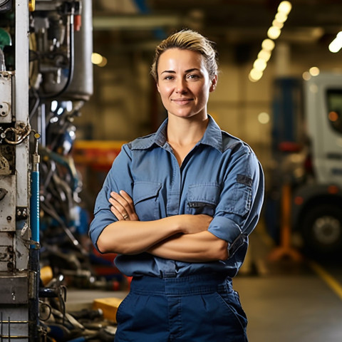 Skilled female truck mechanic expertly repairs vehicle against on blurred background