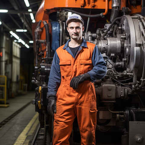 Focused train driver working in a locomotive cab on a blurred background