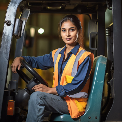 Skilled female forklift driver working in a warehouse on blurred background