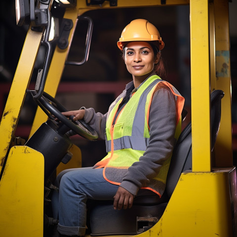 Skilled female forklift driver working in a warehouse on blurred background