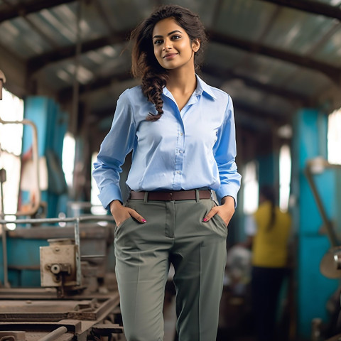 Dedicated Indian female train conductor working on a blurred background