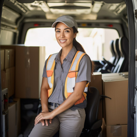 Smiling female courier delivering packages in motion on a blurred background