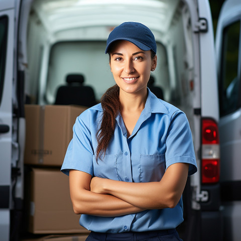 Smiling female courier delivering packages in motion on a blurred background