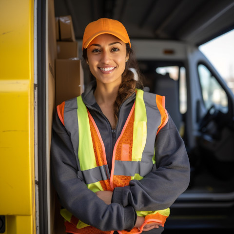 Smiling female courier delivering packages in motion on a blurred background