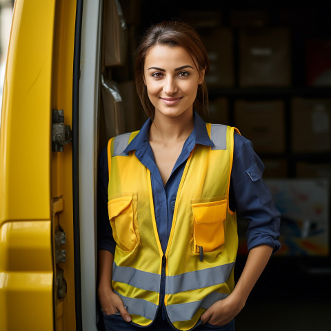 Smiling female courier delivering packages in motion on a blurred background