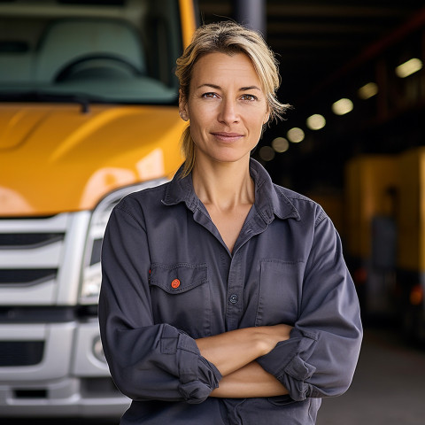 Empowered female trucker navigates her rig against on a blurred background