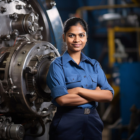 Skilled Indian female train driver operates controls on a blurred background