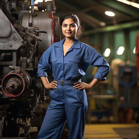 Skilled Indian female train driver operates controls on a blurred background