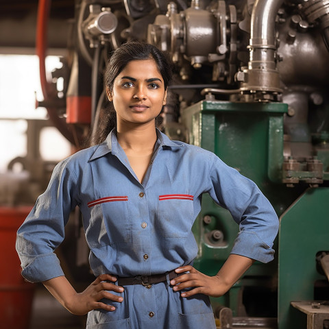 Skilled Indian female train driver operates controls on a blurred background