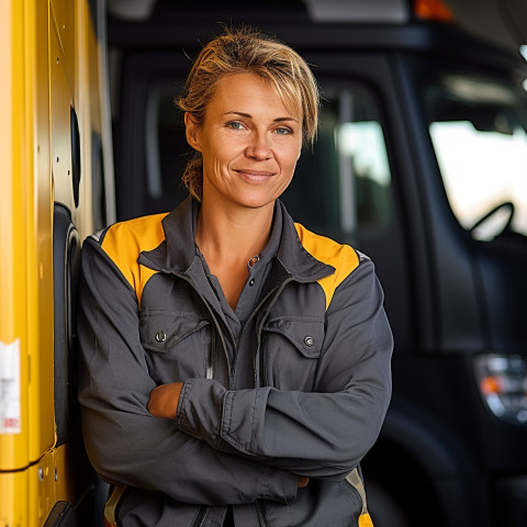 Empowered female trucker navigates her rig against on a blurred background