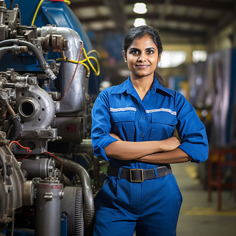 Skilled Indian female train driver operates controls on a blurred background