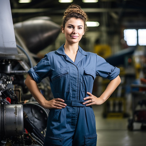 Skilled female aircraft mechanic skillfully repairs airplane in hangar on a blurred background