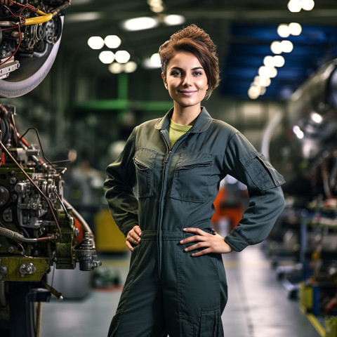 Skilled female aircraft mechanic skillfully repairs airplane in hangar on a blurred background