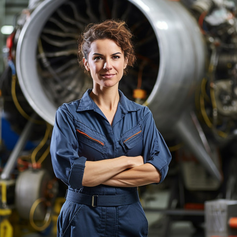 Skilled female aircraft mechanic skillfully repairs airplane in hangar on a blurred background