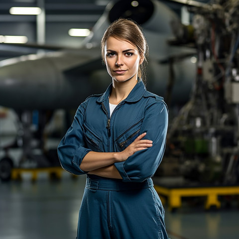 Skilled female aircraft mechanic skillfully repairs airplane in hangar on a blurred background