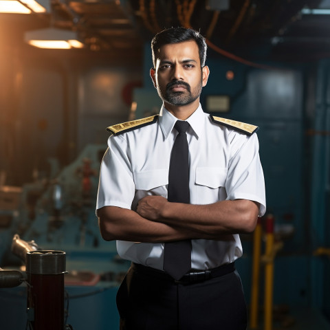 Dedicated Indian ship captain steering vessel on a blurred background