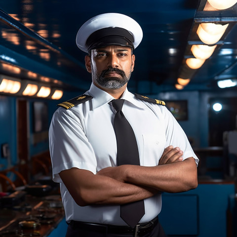 Dedicated Indian ship captain steering vessel on a blurred background