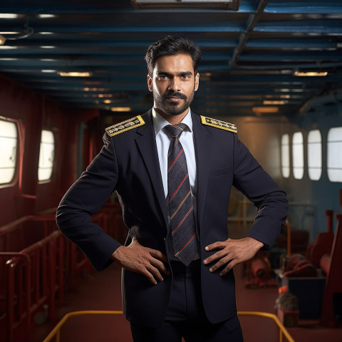 Dedicated Indian ship captain steering vessel on a blurred background