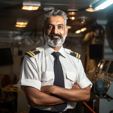 Dedicated Indian ship captain steering vessel on a blurred background