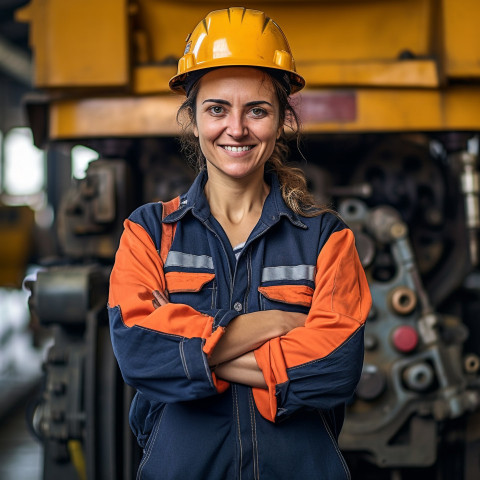 Cheerful female train driver working against a blurred background