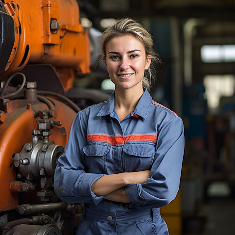 Cheerful female train driver working against a blurred background