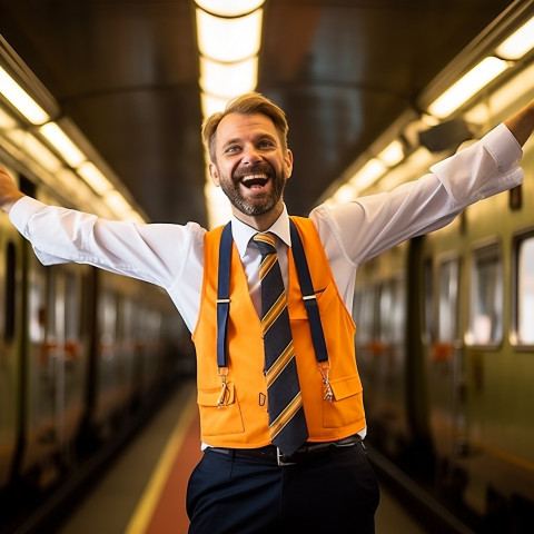 Cheerful train conductor with a welcoming smile on blurred background