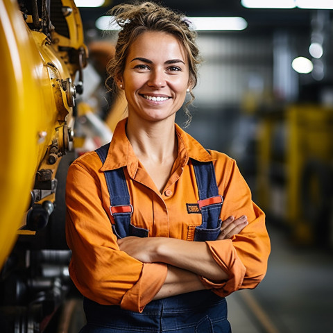 Cheerful female train driver working against a blurred background