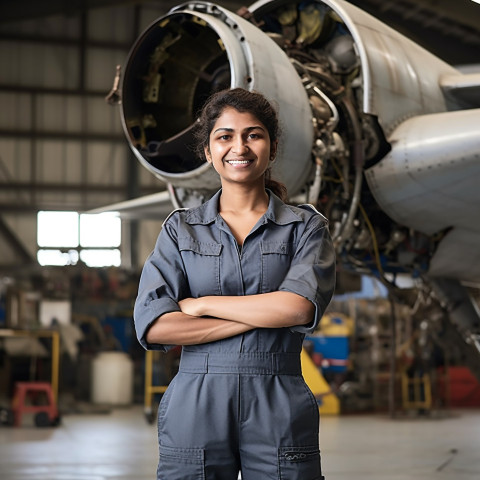 Cheerful Indian woman aircraft mechanic repairs plane against a blurred background