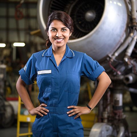 Cheerful Indian woman aircraft mechanic repairs plane against a blurred background