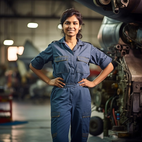 Cheerful Indian woman aircraft mechanic repairs plane against a blurred background