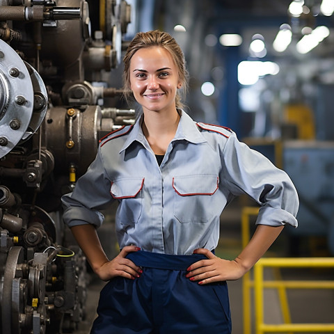 Cheerful female train driver working against a blurred background