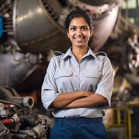 Cheerful Indian woman aircraft mechanic repairs plane against a blurred background